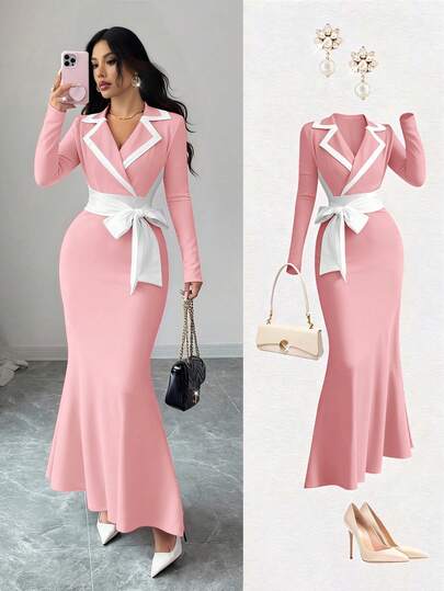 Elenzga 女士优雅休闲圣诞新年派对感恩节修身针织腰带撞色系带连衣裙，黑白配色