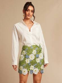 Silquee 女士高腰蕾丝花卉镂空撞色迷你裙，春夏款 - 彩色 - 查看 4