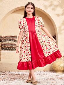 SHEIN 少女撞色印花泡泡袖休闲连衣裙 - 粉色 - 查看 3