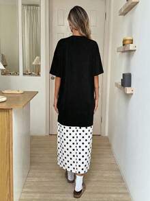 SHEIN LUNE Vestido midi feminino casual de verão com estampa de bolinhas e patchwork, ideal para férias, trabalho e uso diário. Manga curta. - Preto e Branco - Ver 2