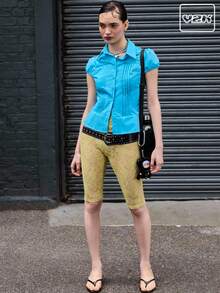 COUREZ 修身褶裥衬衫 / 女士夏季穿搭 Y2K 街头风可爱复古夏季上衣 - 寶藍色 - 查看 1