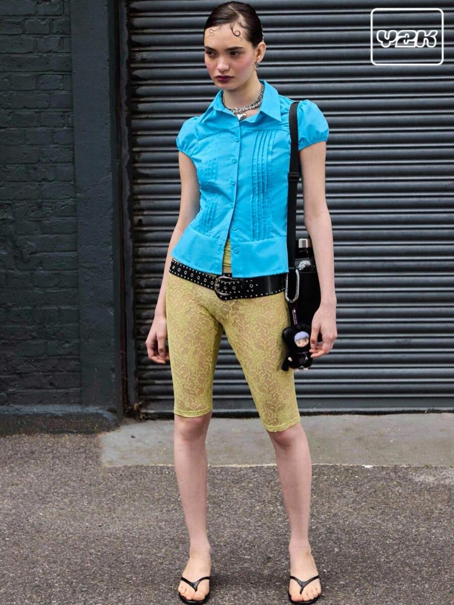 COUREZ 修身褶裥衬衫 / 女士夏季穿搭 Y2K 街头风可爱复古夏季上衣 - 寶藍色 - 查看 1