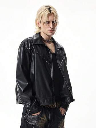 Street Life Veste décontractée de mode de rue pour hommes, en cuir PU avec rivets décoratifs, col montant avec fermeture éclair, automne