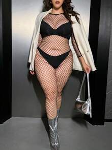 ChaseTheNight Plus Size Open Crotch Black Sexy Bodystocking - Black - View 1