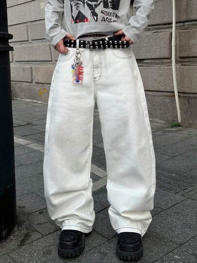 Manfinity EMRG Jeans ample à jambe large avec imprimé vintage de notes de musique et de lettres "Bad" avec visage souriant, style de rue décontracté, pantalon en jean à jambe droite