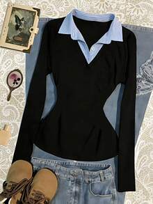 Glimmora Women's Casual Contrast Striped Waist Long Sleeve T-Shirt - Black - View 3