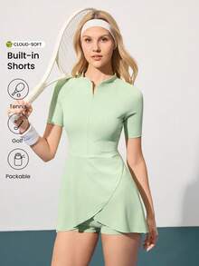 CourtClass 女士纯色拉链门襟短袖网球连衣裙配短裤 - 綠色 - 查看 1