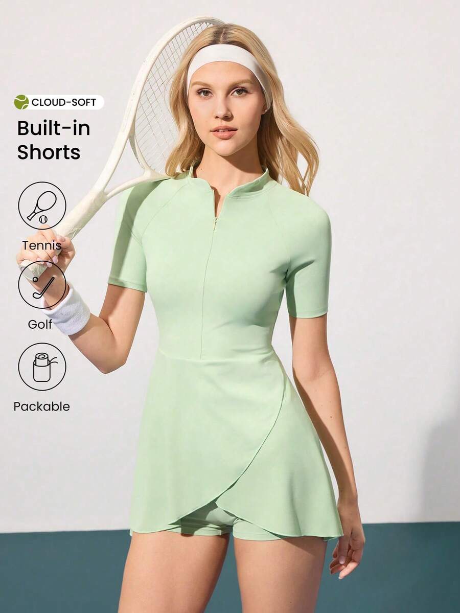 CourtClass 女士纯色拉链门襟短袖网球连衣裙配短裤 - 綠色 - 查看 1