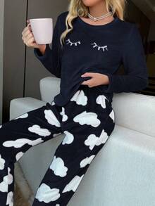 Lazeform Eyelash Embroidery Top & Cloud Pattern Pants Flannel PJ Set / Fluffy Pajama Set, Fall Winter Clothes, Cozy