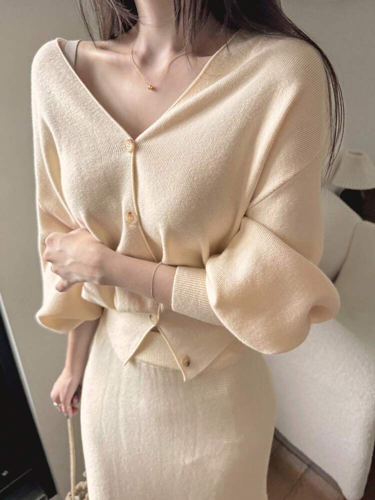 2pcs Women Autumn/Winter Fitted High Waist Mermaid Hem Skirt & Loose Knit Sweater Set
