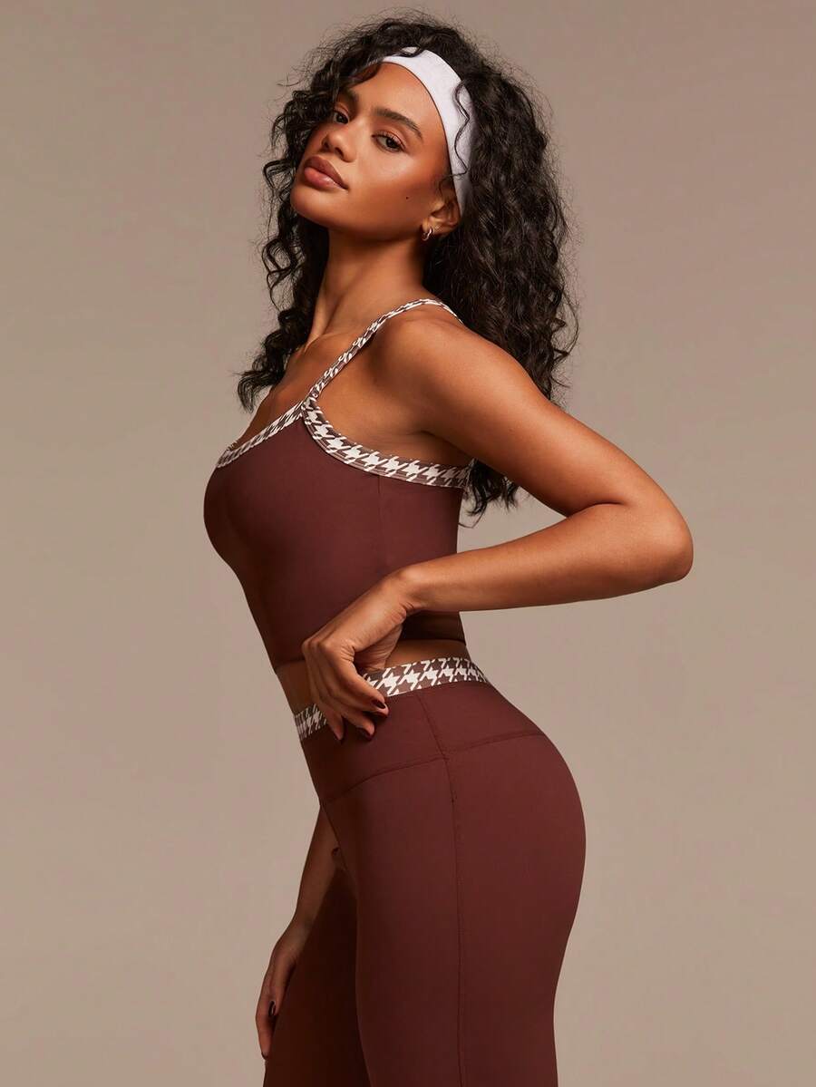 Athîral Women's Brown Houndstooth Patchwork Camisole And Leggings 2-Piece Casual Sportswear Set, Brown Tank Top And Pants Set,Suitable For Loungewear, Sports And Outdoor Wear, Yoga Top,Women's Gym Clothes,Female Gym Wear,Gym Clothes,Women's Gym Set,Women's Gym Clothing,Casual Brown Set - Multicolor - View 1