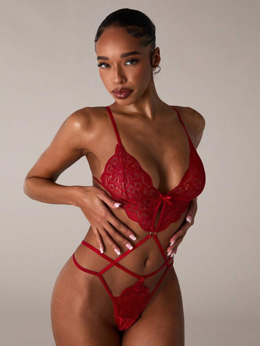 SHEIN BAE Bộ đồ liền thân cổ chữ V khoét sâu ren gợi cảm cổ điển không gọng dành cho nữ khi đi chơi - Màu Đỏ Sâu - Xem 1