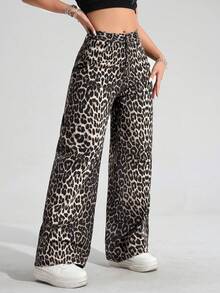SHEIN EZwear 豹纹印花休闲百搭阔腿牛仔裤 - 彩色 - 查看 7