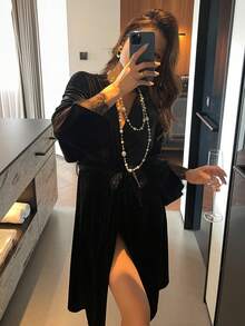 DAZY Charming Velvet & Lace Patchwork Mid-Length Women Robe - Black - View 7