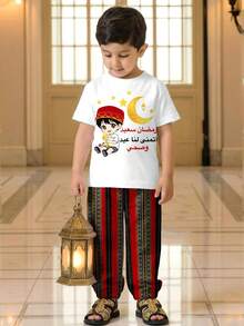 SHEIN رمضان مجموعة قميص وشورت بطباعة صبي كرتوني جميل، مناسب للصيف، طراز كلاسيكي تقليدي - متعدد الألوان - مشاهدة 2