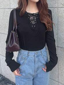 FRIFUL Women's Casual Solid Color Lace Patchwork Criss-Cross Tie T-Shirt, Autumn Long Sleeve - Black - View 4