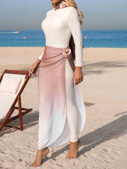 Swim Mulvari 2022 Summer Vacation Beach Resort Middle Eastern Conservative Long Sleeve & Pants Set, Beige To Brown Ombre Orchid Print For Women Zoo Outfits Women 2026 New Women's Swimwear ArrivalFor School,Suitable For Holiday, Date, Afternoon Tea, Western, Cruise, Beach, Island, Road Trip, All Seasons, Music Festival, Boho Vacation,Bohemian Vacation, Chill Autumn ,Western Boho ,Elegant Tops For Women