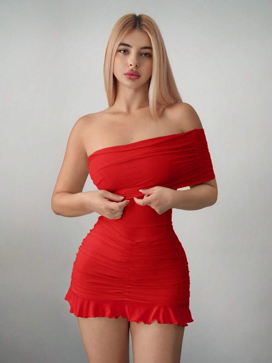 Sweetina Vestido mini asimétrico con hombros descubiertos y malla ajustada - Rojo - Ver 1