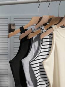 SHEIN EZwear 4件套女士休闲刺绣条纹纯色背心，黑色、白色、杏色，百搭性感，适合春夏穿着。 - 彩色 - 查看 4