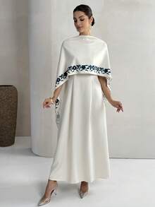 Yasmyna Women's Floral Print Poncho Design Elegant Arabic Dress - White - View 3