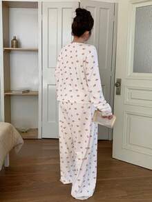 Dazy Plus Fashionable & Cute Cartoon Bear Floral Print Patchwork Collar Fitted Top & Loose Straight Pants Pajama Set, Spring/Autumn - White - View 7