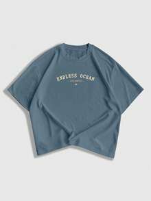 ROMWE MEN 男士圆领短袖休闲百搭T恤，夏季 - 藍色 - 查看 2