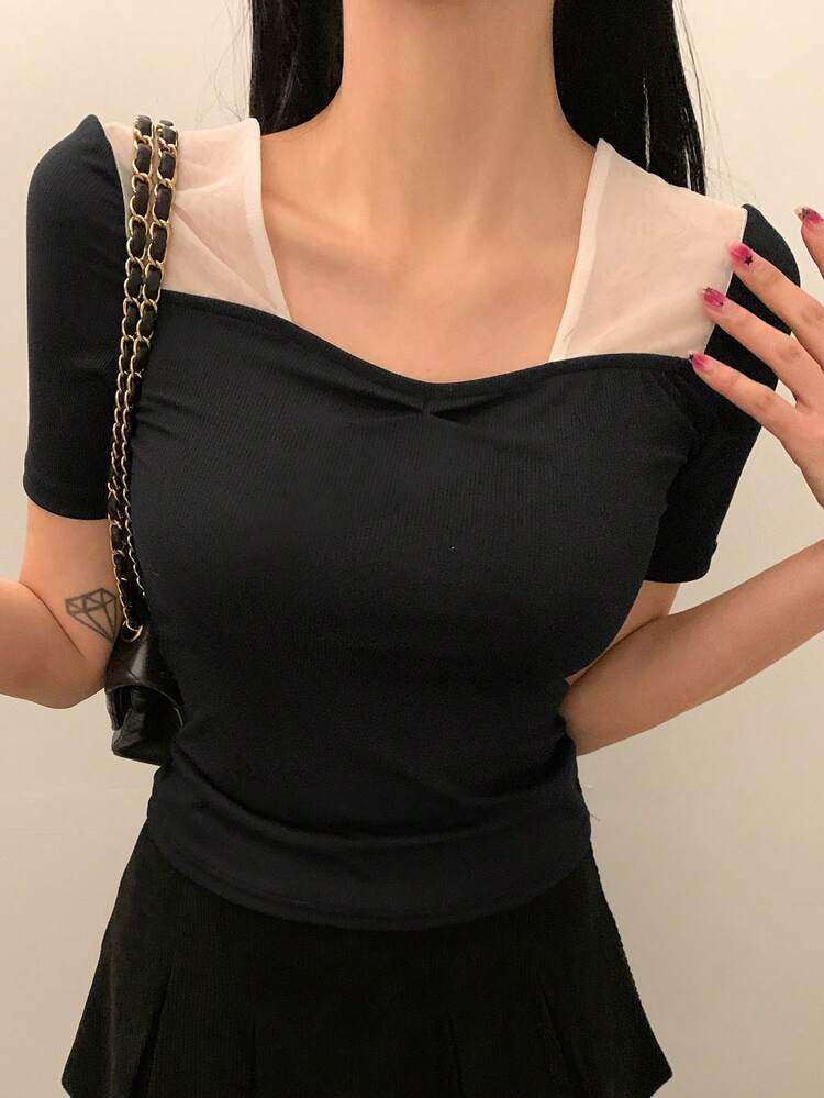 Women's Casual Colorblock Mesh Patchwork T-Shirt, Summer
