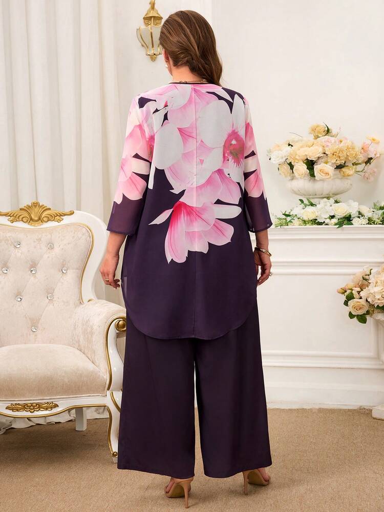 Plus Size Elegant Commuter Floral Print Shirt & Pants 2 Pieces Set For Summer/ Vacation Three Piece Sets For Women Pant Suit Set Plus Women Suit Sets Blouse And Pants Set Purple Sets For Women