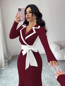 Elenzga Women's Elegant Casual Christmas New Year Party Thanksgiving Fitted Knit Cinched Waist Contrast Color Tie Waist Dress, Black & White - Burgundy - View 7