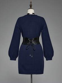 ROMWE SpringblackGothic Snake Embroidery Pullover Sweater Dress For Women - Blue - View 2
