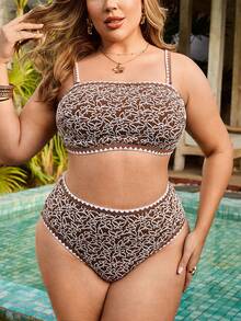 Swim Lushoire New Plus Size Women Crochet Lace Jacquard Special Fabric Printed Bikini Set With Adjustable Shoulder Straps, Bandeau Top And High Waist Bottoms, Swimsuit - Coffee Brown - View 3