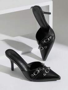 SHUZIA Women's Elegant Stylish Buckle Decor Point Toe Slip-On Stiletto Pumps Valentine's Day - Black - View 3