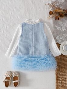 SHEIN Elladie kids 2 件套女婴秋冬校服套装，3 个月 - 3 岁，包括：1 件蓝色优雅甜美多层荷叶边网眼蛋糕裙，1 件米色修身罗纹高领长袖上衣 - 藍色 - 查看 2