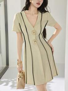 Heiryn Women's Elegant Commuter Contrast Trim Waist Sheath Dress - Apricot - View 3