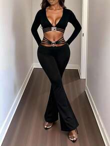 BamGleam Quần ống loe cạp chun kim loại, quần dài ống ôm vừa vặn thường ngày - màu đen - Xem 4