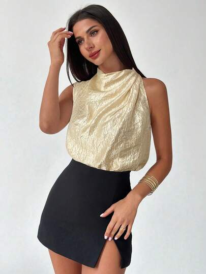 Firerie Women's Elegant Fashion New Commuting Office Daily Vacation Music Festival Asymmetrical Pleated Apricot Blouse, Spring/Summer