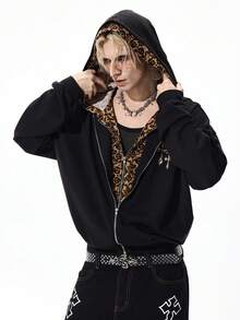 ROMWE MEN Street Life Sweatshirt Hoodie Pria Motif Leopard dengan Tudung Ganda - Hitam - View 1