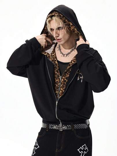 Street Life بلوزة رجالية بقلنسوة مزدوجة بطبعة نمر