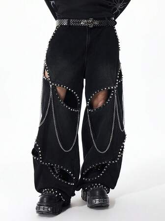 Street Life Herren Mode Gürtel Nieten Ausschnitt Jeans