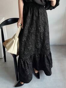 FRIFUL 女士提花弹力腰荷叶边下摆优雅A字裙 - 黑色 - 查看 7