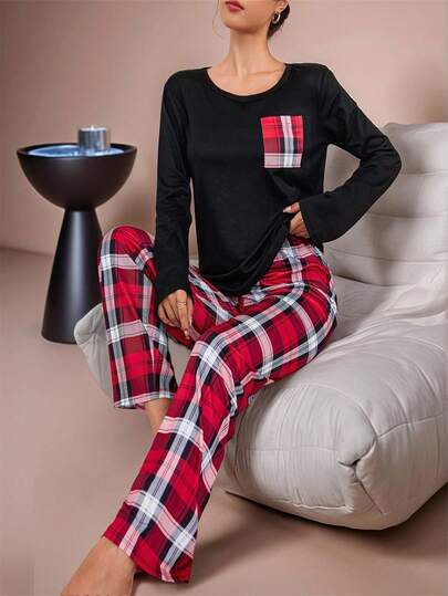 Lazeform 女士圆领长袖撞色上衣搭配格子休闲裤睡衣套装，秋冬舒适优雅服饰