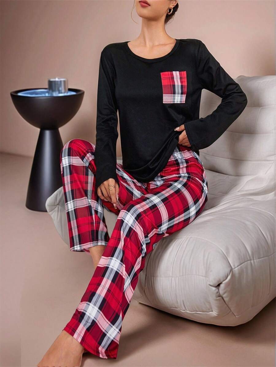 Lazeform 女士圆领长袖撞色上衣搭配格子休闲裤睡衣套装，秋冬舒适优雅服饰 - 紅色 - 查看 1