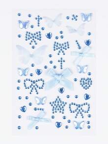 ROMWE Kawaii 1件蕾丝蝴蝶结、心形、星星、蝴蝶结、钻石亮片和面部宝石贴纸 - 藍色 - 查看 3