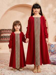 SHEIN Đầm maxi dài tay dáng chữ A rộng rãi, màu trơn, phối sọc, cổ vuông, trang trí nơ, dành cho bé gái tuổi teen, thích hợp cho du lịch, nghỉ dưỡng, phong cách đồng quê, nghỉ mát thường ngày, phong cách bohemian, hoặc phối đồ đôi cho chị em gái. - Đỏ - Xem 6