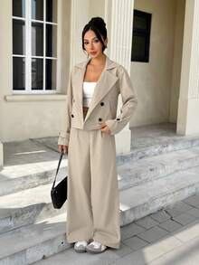 SHEIN PETITE Bộ đồ nữ màu trơn gồm áo khoác dài tay cổ ve lật hai hàng cúc và quần dài, thích hợp mặc mùa xuân và hè. - Màu be - Xem 4