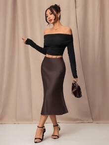 SHEIN PETITE 黑色高腰纯色缎面质感半身裙，适合舞蹈和日常穿着。 - 咖啡棕 - 查看 6