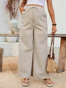 SHEIN 孕妇可调节腰围条纹休闲宽松裤 - 卡其色 - 查看 4