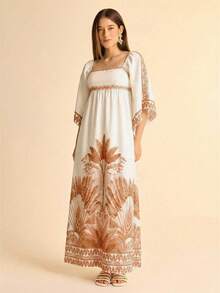 CAJUNI 女士度假休闲波西米亚热带粉色椰子树印花飘逸中袖沙滩长裙 - 彩色 - 查看 6