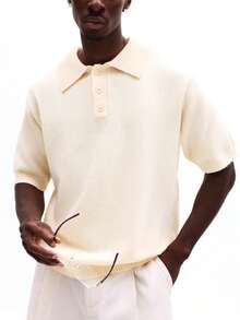 SUMWON 宽松短袖针织 Polo 衫，纽扣门襟，圆领，休闲春夏套头衫，纯色 - 杏色 - 查看 5