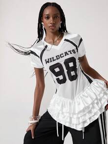 ROMWE Avant 可爱运动甜美印花水钻珍珠荷叶边下摆女式上衣 - 白色 - 查看 1